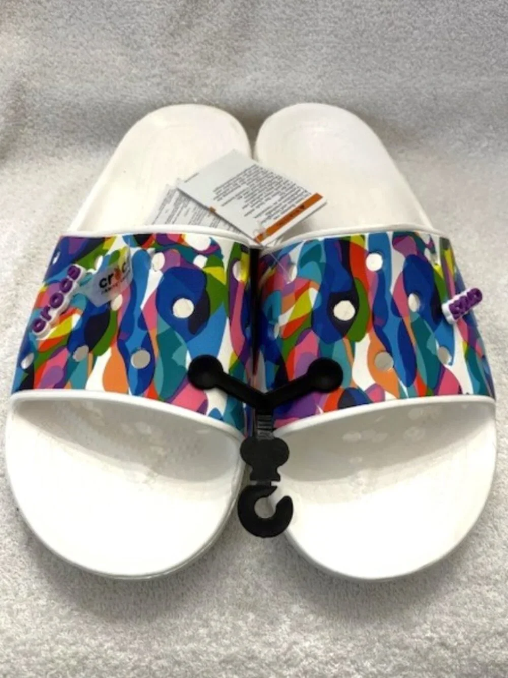 crocs white slides with multi-colored strap and logo button NWT Men's 13